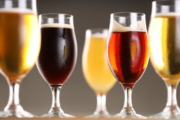 Glasses with different types of beer on grey background, closeup