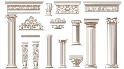 Obraz premium Vector icons depicting ancient Greek and Roman architecture, including line art illustrations of marble pillars, columns, and ornate cornices.