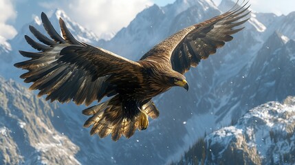 Obraz premium A majestic eagle gliding effortlessly over towering mountain peaks wallpaper