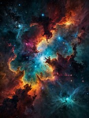 A vibrant cosmic scene with colorful nebulae and twinkling stars.