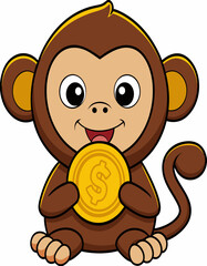 Cute Cartoon Monkey Holding a Coin