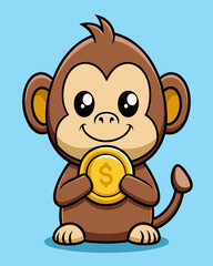 Obraz premium Cute Cartoon Monkey Holding a Coin