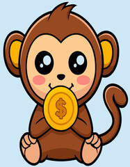 Obraz premium Cute Cartoon Monkey Holding a Coin