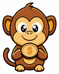Obraz premium Cute Cartoon Monkey Holding a Coin