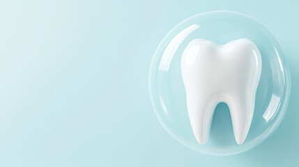 Dental health concept, tooth with a  protective bubble around it on a simple blue background. 