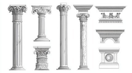 Obraz premium Vector icons depicting ancient Greek and Roman architecture, including line art illustrations of marble pillars, columns, and ornate cornices.