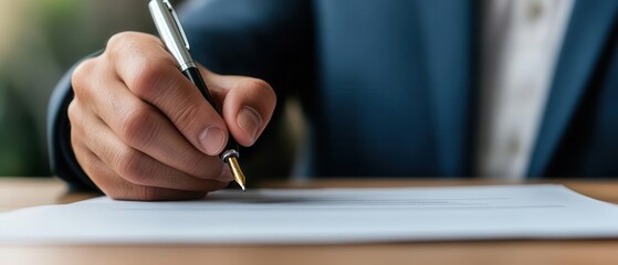 Closeup of a hand holding a pen, ready to sign a contract at the negotiation table, signing agreement, final stage of negotiation