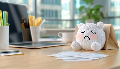 Cute plush bear with sad expression on a desk with papers and stationery.