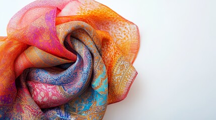 Vibrant Arabic scarf in intricate patterns and hues, captured against a pristine white backdrop, showcasing its cultural allure.