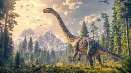 A majestic brachiosaurus standing in a wide, open savannah, with its long neck stretching towards...