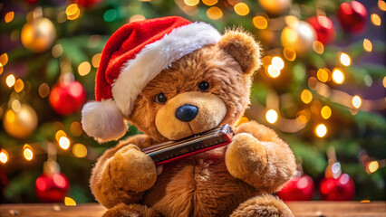Christmas Toy Bear with Harmonica. Perfect for: Christmas, Winter markets, Toy fairs