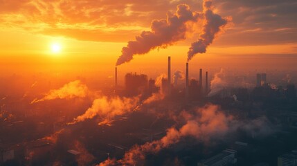 Fototapeta premium Industrial Dawn with Smoke and Emission at Sunrise