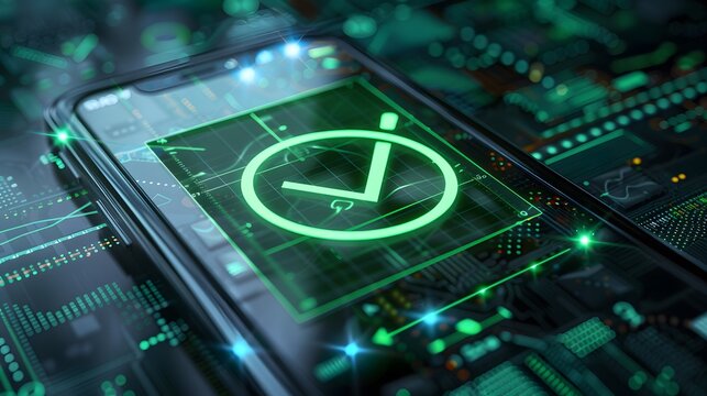 Digital illustration of a green check mark symbol superimposed on a mobile phone screen, confirming a successful payment transaction.