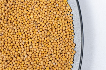 Mustard seeds on white background, natural organic seasoning, top view.
