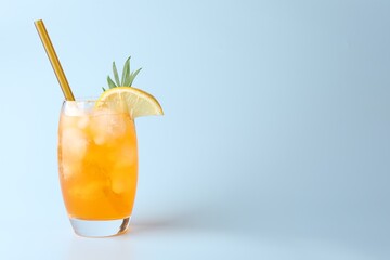 Tasty refreshing drink with straw in glass on light blue background, space for text
