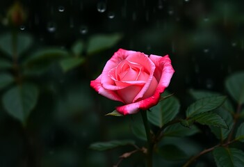 Single Pink Rose in the Rain