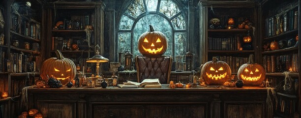 Obraz premium Spooky Executive Vibes: Halloween Decor on Business Desk interior
