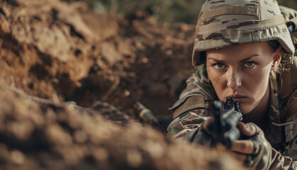 Fototapeta premium female soldier in a war environment, in the trench with the weapon ready