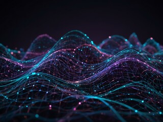 Abstract purple and blue wavy network with glowing lights.