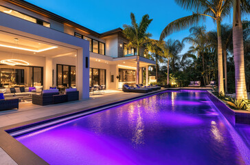 Fototapeta premium A modern swimming pool in front of an ultra-modern villa at night. The pool is lit with purple LED lights, surrounded by palm trees and a garden