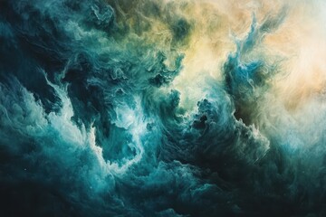 Obraz premium Abstract Swirling Clouds in Teal, Green, and Yellow Hues