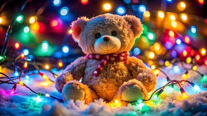 Fototapeta premium Teddy Bear with Christmas Lights in Snowy Night. Perfect for: Christmas, Winter Celebrations, Children's Parties