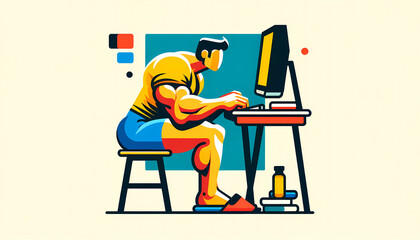 Bodybuilder Working on Computer
