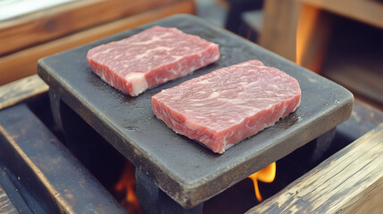 Fototapeta premium Juicy cuts of meat rest on a hot stone, surrounded by a warm ambiance, ready to be grilled. The inviting aroma of cooking fills the air in this outdoor gathering