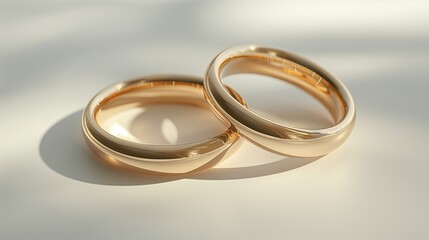 Two gold wedding rings symbolizing eternal love and commitment, casting a soft shadow on a light background.
