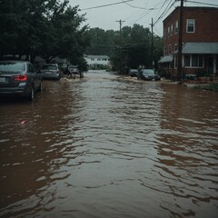 City streets and properties submerged under rising floodwaters after intense rainstorm, causing major loss