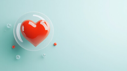 Mental health concept, red heart with a protective bubble around it on a simple blue background. 