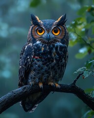Majestic Owl Perched in Rainy Forest Environment