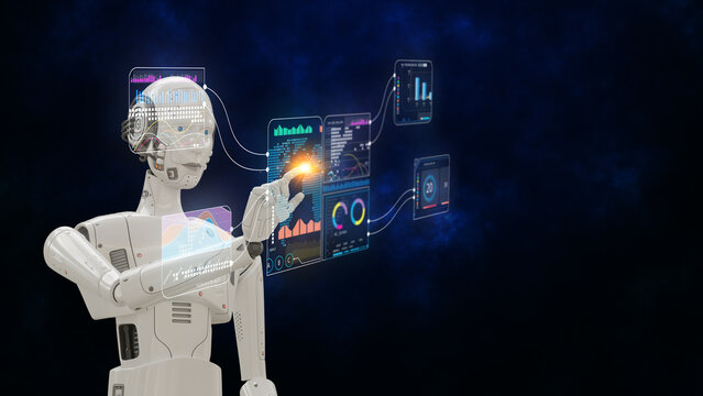 Robot finger, Artificial intelligence, robo advisor ,Big data, robotic future technology and business concept.Robot finger on blurred background using digital artificial intelligence interface.