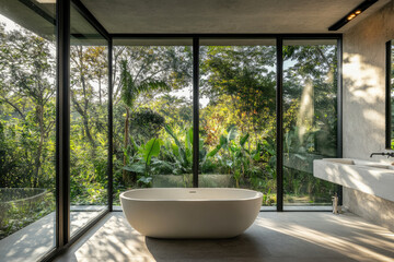 Fototapeta premium A minimalist bathroom with an oversized freestanding bathtub, large windows showcasing the lush greenery of Japanese-style gardens outside