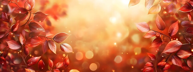 Fototapeta premium Autumn background with red and orange leaves and bokeh light effect. Autumn background with blurred nature scene