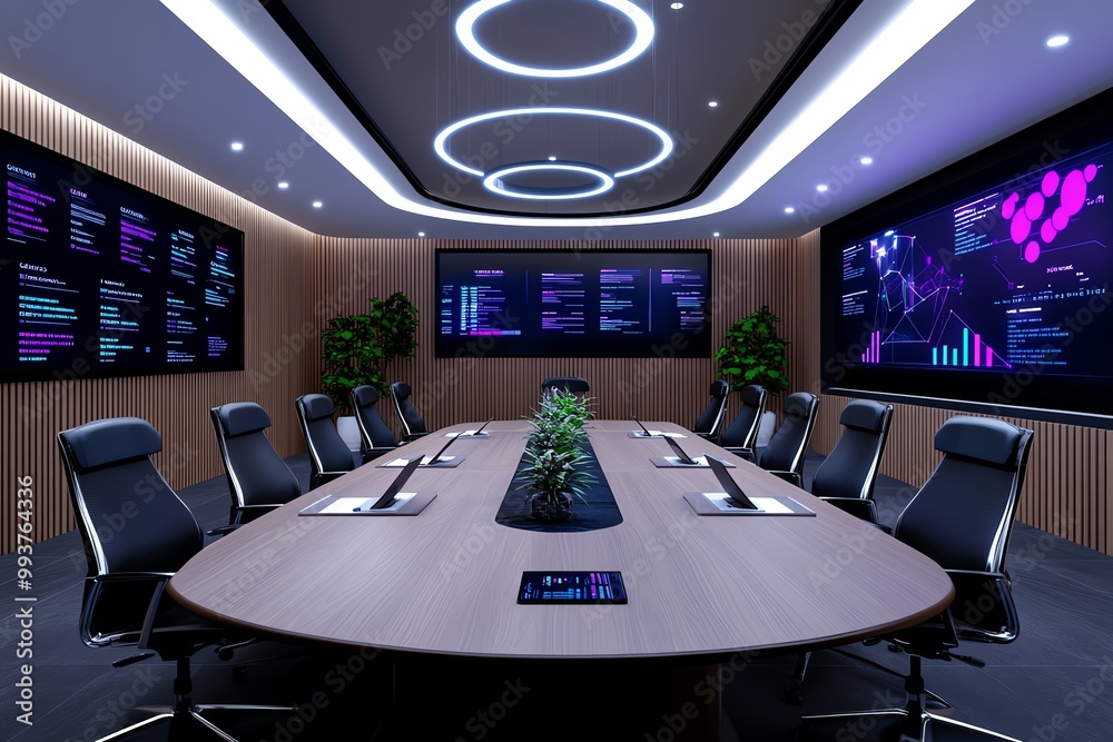 Poster a 3d visualization of a chamber of commerce boardroom meeting, with interactive digital screens and 