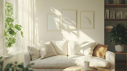 Cozy Living Room with White Sofa and Natural Light 3D Illustration