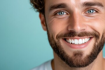 Obraz premium A smiling young man with curly hair and bright blue eyes, showcasing a bright smile against a soft turquoise background.