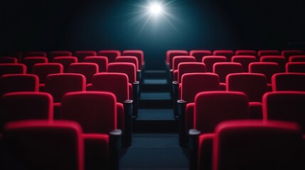 Fototapeta premium Cinematic Spotlight in Dark Theater, captivating illumination in a shadowy setting, creating a dramatic atmosphere with ample space for text or messaging