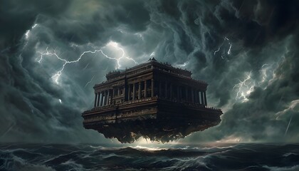 "Floating Temple Amidst Storm Clouds"