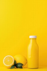 Bright yellow lemonade in a clear bottle with fresh lemons and a lemon slice against a vivid yellow background, perfect for summer refreshment and healthy living.