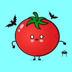 Terrible Tomato character. Vector hand drawn cartoon kawaii character illustration icon. Isolated on blue background. Zombie Tomato. Halloween concept.Terrible Tomato character. Vector hand drawn