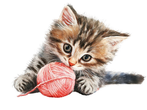 Adorable kitten playing with a pink yarn ball, capturing the essence of playful innocence and curiosity in a charming scene.