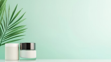 Two elegant cosmetic jars are displayed against a soft green background, complemented by tropical leaves, evoking a sense of freshness and tranquility.