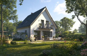 A modern two-story house with a garden, featuring a simple design in a white color scheme and modern windows