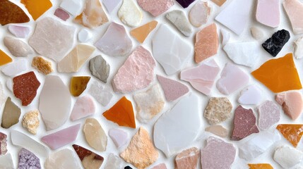 A close-up view of a colorful mosaic surface composed of various stones, featuring an array of shapes and hues.