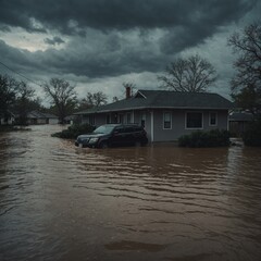 Fototapeta premium City streets turned into channels after intense rainfall with vehicles and properties submerged