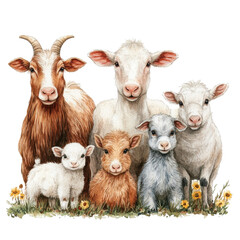 Fototapeta premium Charming farm animals gathered around vibrant flowers, showcasing their unique features and playful expressions in a pastoral setting.