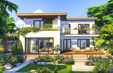 Fototapeta premium A modern two-story house with a garden, featuring a simple design in a white color scheme and modern windows