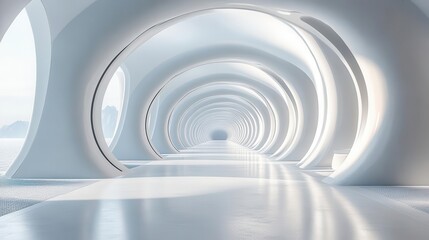 Fototapeta premium futuristic 3d room with an empty white background and abstract technology tunnel design creating a sleek visual space for innovative presentations and creative concepts